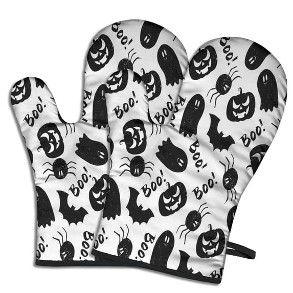 Cute Oven Mitts,Halloween Black Ghosts Bats and Pumpkins Oven Mitt 2-Pack Set,Kitchen Gloves for Oven,Heat Resistant Oven Mitts 7.7"x12"