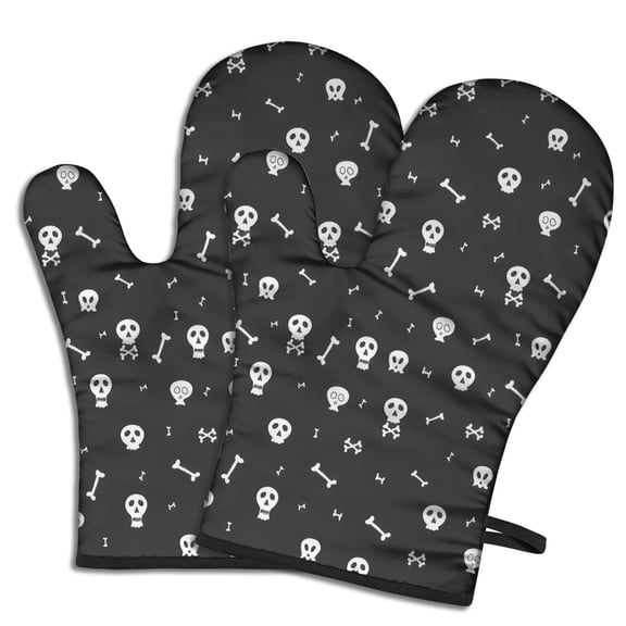 Cute Oven Mitts,Halloween White Skulls and Bones Oven Mitt 2-Pack Set,Kitchen Gloves for Oven,Heat Resistant Oven Mitts 7.7"x12"