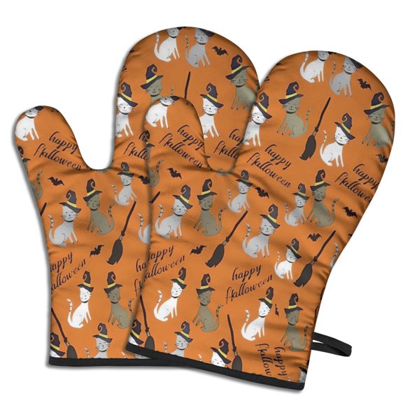 Cute Oven Mitts,Halloween Witch Cats Pattern Oven Mitt 2-Pack Set,Kitchen Gloves for Oven,Heat Resistant Oven Mitts 7.7"x12"