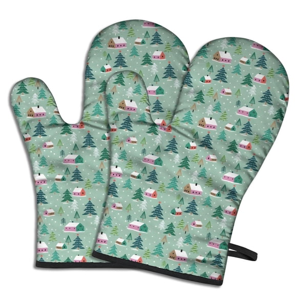 Cute Oven Mitts,Light Green Christmas Village Pattern Oven Mitt 2-Pack Set,Kitchen Gloves for Oven,Heat Resistant Oven Mitts 7.7"x12"