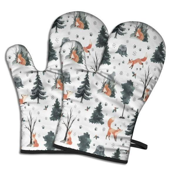Cute Oven Mitts,Multicolor Christmas Forest Pattern Oven Mitt 2-Pack Set,Kitchen Gloves for Oven,Heat Resistant Oven Mitts 7.7"x12"