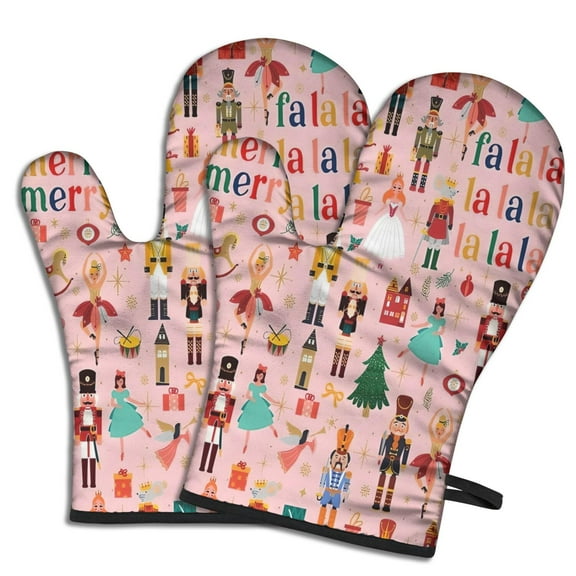 Cute Oven Mitts,Pink Christmas Nutcracker Pattern Oven Mitt 2-Pack Set,Kitchen Gloves for Oven,Heat Resistant Oven Mitts 7.7"x12"