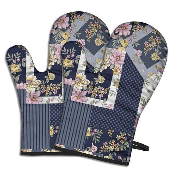 Cute Oven Mitts,Pioneer Flower Floral Print Pattern Oven Mitt 2-Pack Set,Kitchen Gloves for Oven,Heat Resistant Oven Mitts 7.7"x12"
