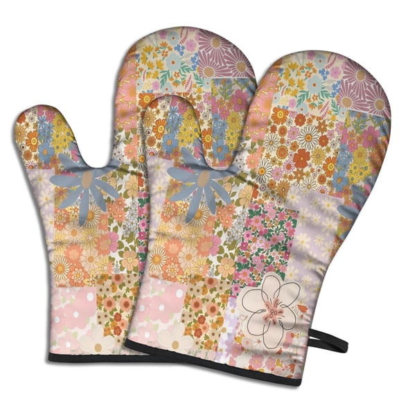 Cute Oven Mitts,Pioneer Flower Floral Print Pattern Oven Mitt 2-Pack Set,Kitchen Gloves for Oven,Heat Resistant Oven Mitts 7.7"x12"