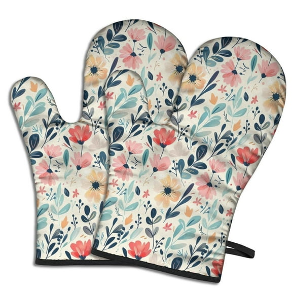 Cute Oven Mitts,Pioneer Flower Floral Print Pattern Oven Mitt 2-Pack Set,Kitchen Gloves for Oven,Heat Resistant Oven Mitts 7.7"x12"