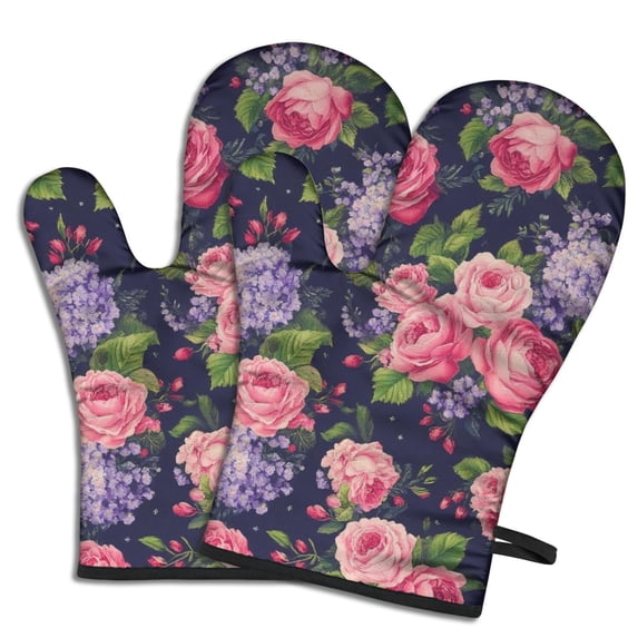 Cute Oven Mitts,Pioneer Flower Floral Print Pattern Oven Mitt 2-Pack Set,Kitchen Gloves for Oven,Heat Resistant Oven Mitts 7.7"x12"