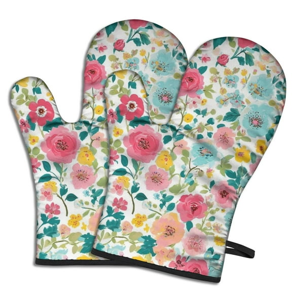 Cute Oven Mitts,Pioneer Flower Floral Print Pattern Oven Mitt 2-Pack Set,Kitchen Gloves for Oven,Heat Resistant Oven Mitts 7.7"x12"