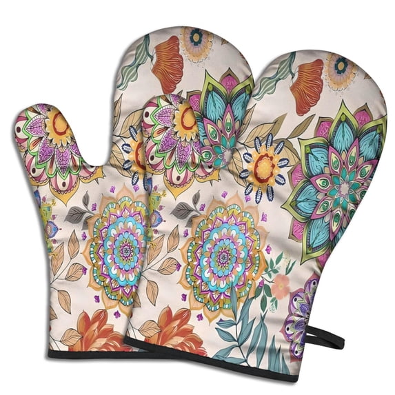 Cute Oven Mitts,Pioneer Flower Floral Print Pattern Oven Mitt 2-Pack Set,Kitchen Gloves for Oven,Heat Resistant Oven Mitts 7.7"x12"