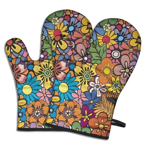 Cute Oven Mitts,Pioneer Flower Floral Print Pattern Oven Mitt 2-Pack Set,Kitchen Gloves for Oven,Heat Resistant Oven Mitts 7.7"x12"