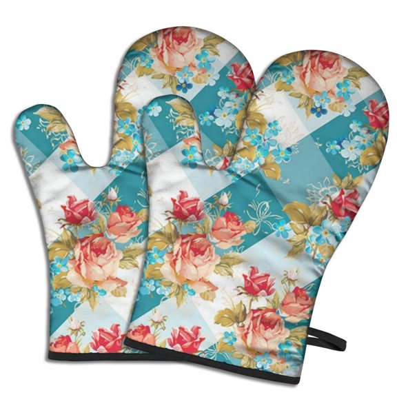 Cute Oven Mitts,Pioneer Flower Floral Print Pattern Oven Mitt 2-Pack Set,Kitchen Gloves for Oven,Heat Resistant Oven Mitts 7.7"x12"