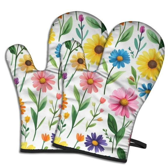 Cute Oven Mitts,Pioneer Flower Floral Print Pattern Oven Mitt 2-Pack Set,Kitchen Gloves for Oven,Heat Resistant Oven Mitts 7.7"x12"
