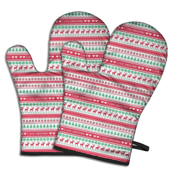 Cute Oven Mitts,Red and Green Christmas Pattern Oven Mitt 2-Pack Set,Kitchen Gloves for Oven,Heat Resistant Oven Mitts 7.7"x12"