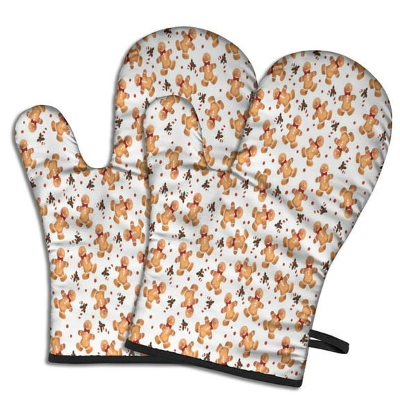Cute Oven Mitts,White Christmas Gingerbread Man Pattern Oven Mitt 2-Pack Set,Kitchen Gloves for Oven,Heat Resistant Oven Mitts 7.7"x12"