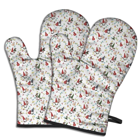 Cute Oven Mitts,White Christmas Gnome and Light Pattern Oven Mitt 2-Pack Set,Kitchen Gloves for Oven,Heat Resistant Oven Mitts 7.7"x12"