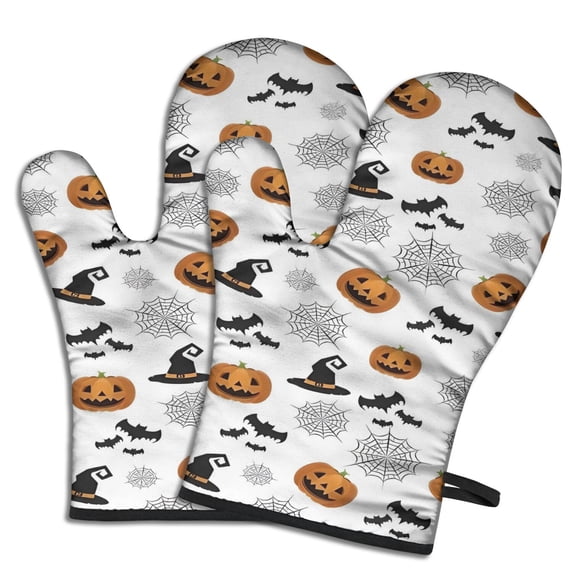 Cute Oven Mitts,White Halloween Pumpkins Bats and Witch Hats Oven Mitt 2-Pack Set,Kitchen Gloves for Oven,Heat Resistant Oven Mitts 7.7"x12"