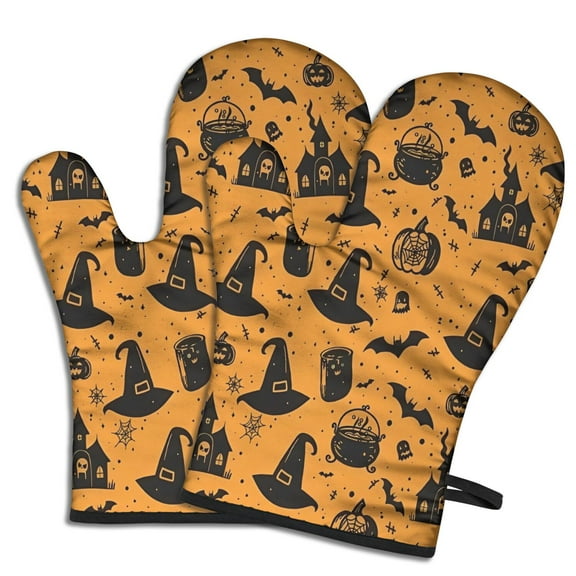 Cute Oven Mitts,Witch Hat Halloween Pattern Oven Mitt 2-Pack Set,Kitchen Gloves for Oven,Heat Resistant Oven Mitts 7.7"x12"