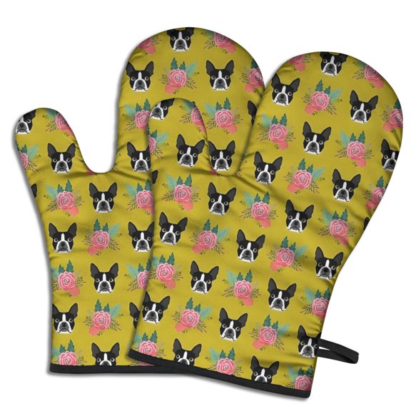 Cute Oven Mitts,Yellow Boston Terrier and Flower Oven Mitt 2-Pack Set,Kitchen Gloves for Oven,Heat Resistant Oven Mitts 7.7"x12"
