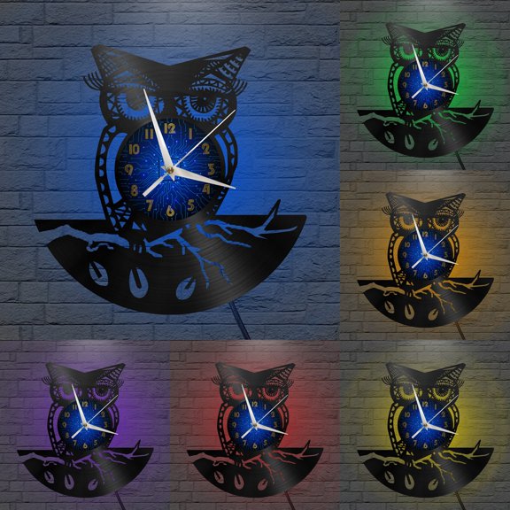 Cute Owl 2 Vinyl Record Wall Clock for Kitchen Wall Decor Wall Art Gift for Lover Gift Idea for a Best Friend(B,with LED)