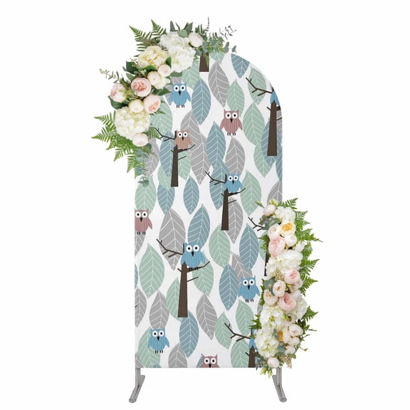 Cute Owl Arch Backdrop Cover 5FT, Funny Cartoon Animal Colorful Leaves Trees Spandex Fitted Stretchy Arch Stand Covers, Round Top Chiara Backdrop Cover for Wedding Party Birthday Baby Shower
