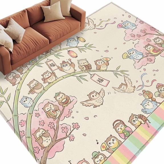 Cute Owl Area Rug 5x8 Washable Rug Non Slip Funny Cartoon Animals Birds Plants Summer Pink Large Area Rug Soft Stainresistant Indoor Floor Carpet for Living Room Bedroom Office Dining Room Nursery