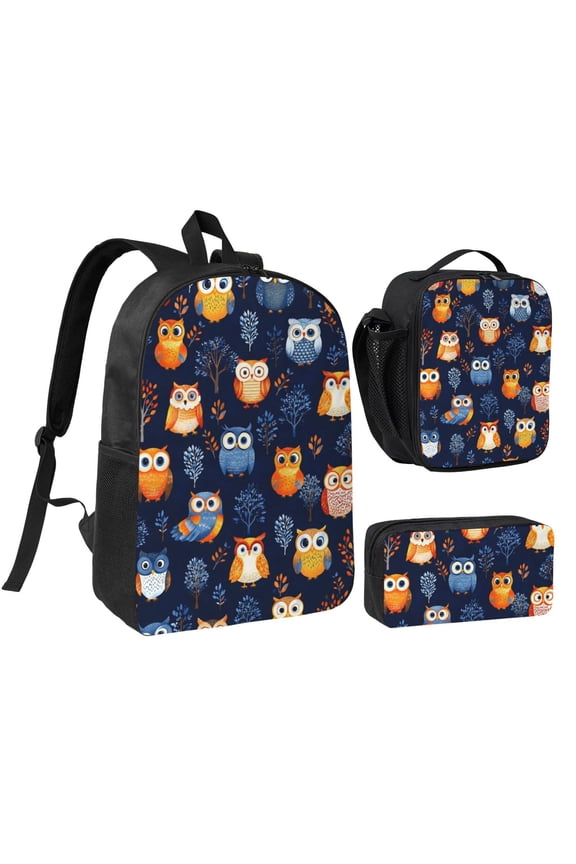 Cute Owl Backpack Set 3pc Including Backpack, Lunch Bag and Pen Bag Combination