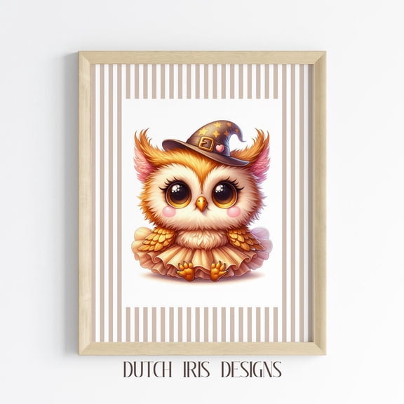 Cute Owl Ballerina, Playful Kawaii Baby Owl In Witch Hat, Autumn Illustration, Art 967 Home Decor #1414, Unframed Poster Size 8x12