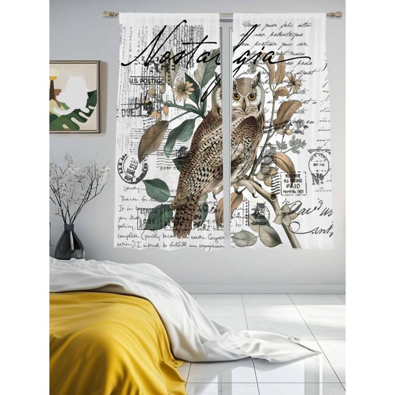 Cute Owl Bird on Branch Chiffon Sheer Curtains 63 Inches Long Wild Animal Pattern Retro Letter Back Rod Pocket Window Curtains Voile Drapes Curtains for Living Room Bedroom,2 Panels