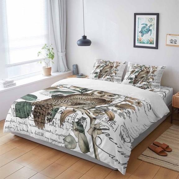Cute Owl Bird on Branch King Size Bed Set,Wild Animal Retro Letter Back Bedding for All Seasons,4 Pcs Bed Set with 1 Quiltcover (104"x90"),1 Sheet (108"x98"),2 Pillowcases (20"x36")