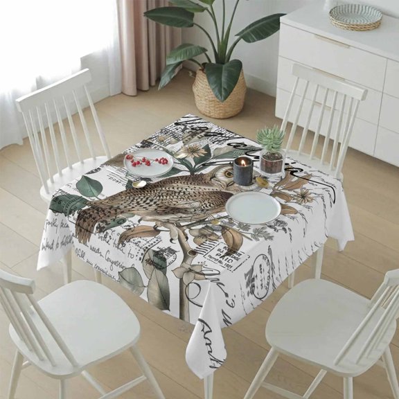 Cute Owl Bird on Branch Table Cloth 54x54in, Waterproof Square Tablecloth Wipeable Tablecloths Wild Animal Retro Letter Back Table Covers for Dining Tables Party Indoor Outdoor