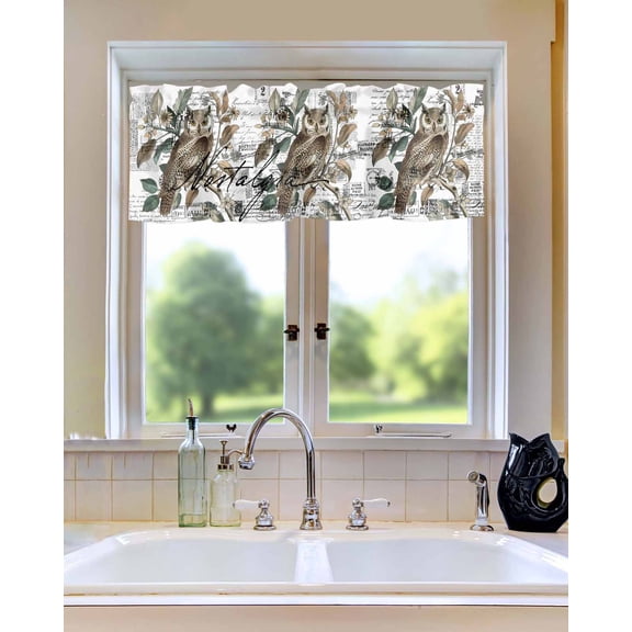Cute Owl Bird on Branch Window Valances for Kitchen,Rod Pocket Valance Privacy Small Curtain,Wild Animal Retro Letter Back Window Treatment Drapes for Bedroom Laundry Room Farmhouse Home Decor
