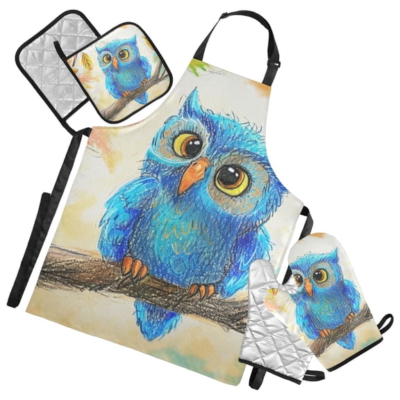 Cute Owl Bird on Branch 5 Pcs Kitchen Set Heat Resistant Oven Mitts and Non-Slip Pot Holders with Adjustable Cooking Apron