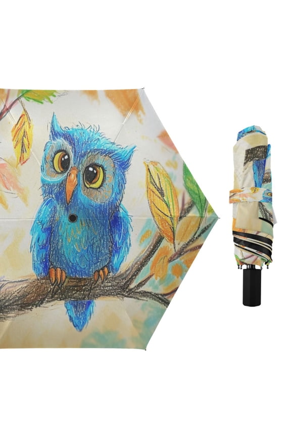 Cute Owl Bird on Branch Compact Sun Umbrella Windproof Travel Umbrellas for Rain Strong Portable UV Protection