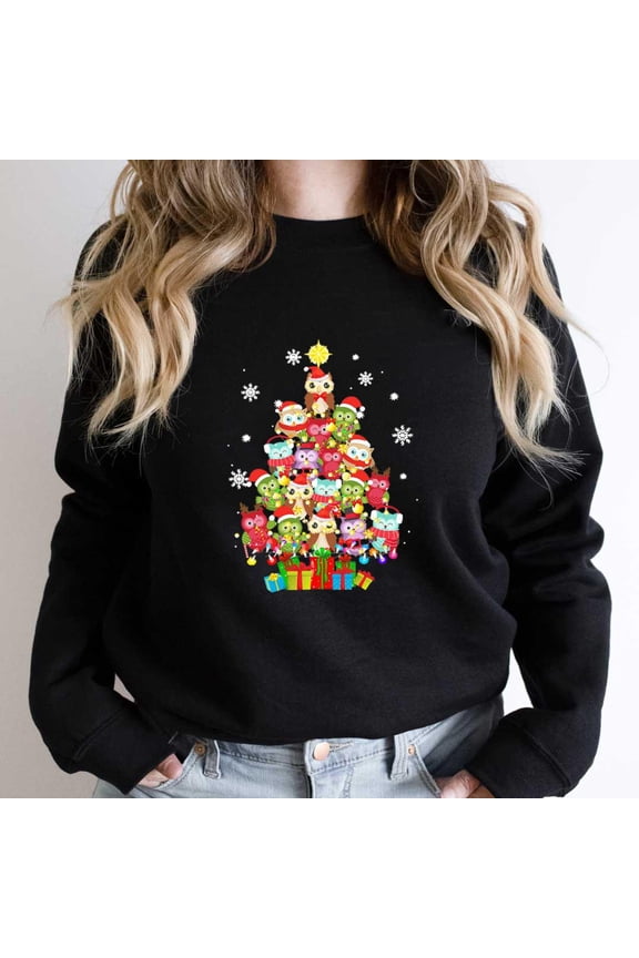 Cute Owl Christmas Tree Funny Ugly Sweater Style Holiday Bird Graphic SW763 Unisex Sweatshirt, Up to Size 5XL