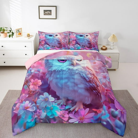 Cute Owl Comforter Set Twin For Kids Boys Girls Room Decor,Kawaii Cartoon Wild Animal Down Comforter Wildlife Bird Bedding Set Pink Blue Flower Bed Set 2 Pcs