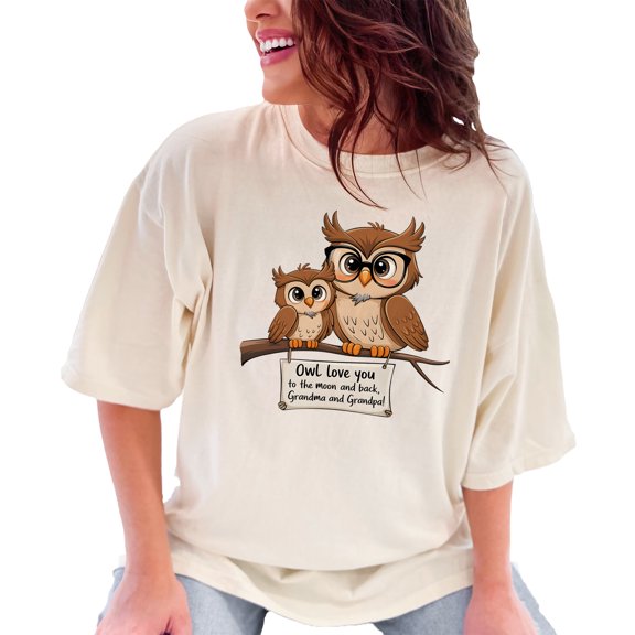Cute Owl Family T-Shirt, Love You To The Moon And Back Owl Shirt, Grandma Grandpa Gift, Adorable Owls Tee, Family Love Shirt, Ivory Comfort Colors T-Shirt, XL