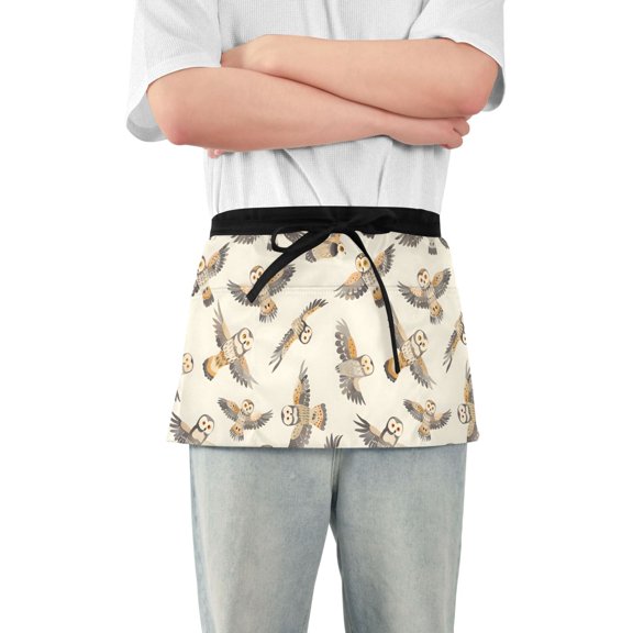 Cute Owl Flying Server Apron with 3 Pockets Waterproof Waitress Waist Short Apron for Man Woman 12 Inches
