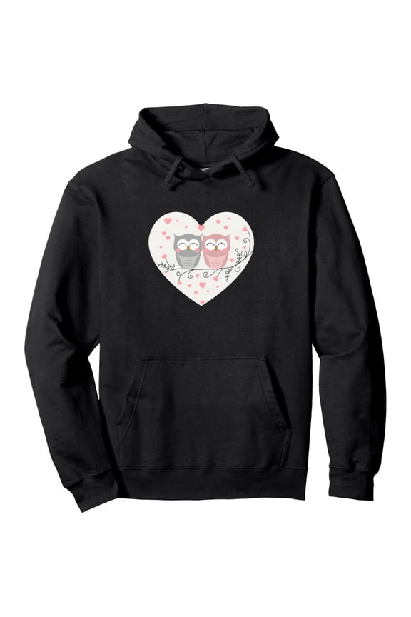 Cute Owl & Heart Print Hooded Sweatshirt - Lightweight Warm Pullover Hoodie with Owl on Heart Design, Black Casual Sweater for Layering, Machine Washable, Valentine's Gift for Canadian Winters & Year