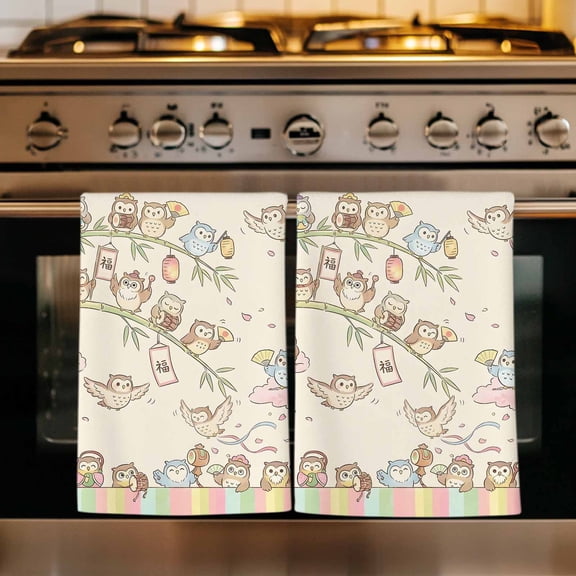Cute Owl Kitchen Towels Set of 1, Funny Cartoon Animals Birds Plants Summer Pink Absorbent Dish Towels for Kitchen, Microfiber Hand Towel, Quick Drying Tea Towel for Cleaning Decorative Dishcloths