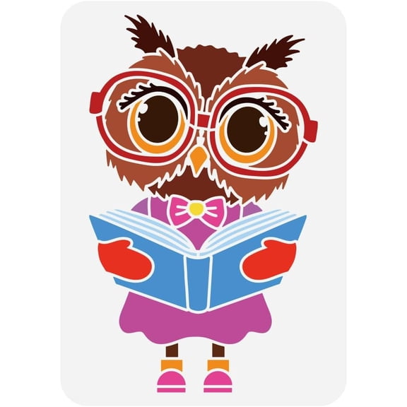 Cute Owl Lady Painting Large Stencil 8.3x11.7" Reusable Owl Reading A Book Pattern Drawing Big Stencil Animal Themes Spraying Stencil Owl with Glasses Decorative Template for Wall Wood