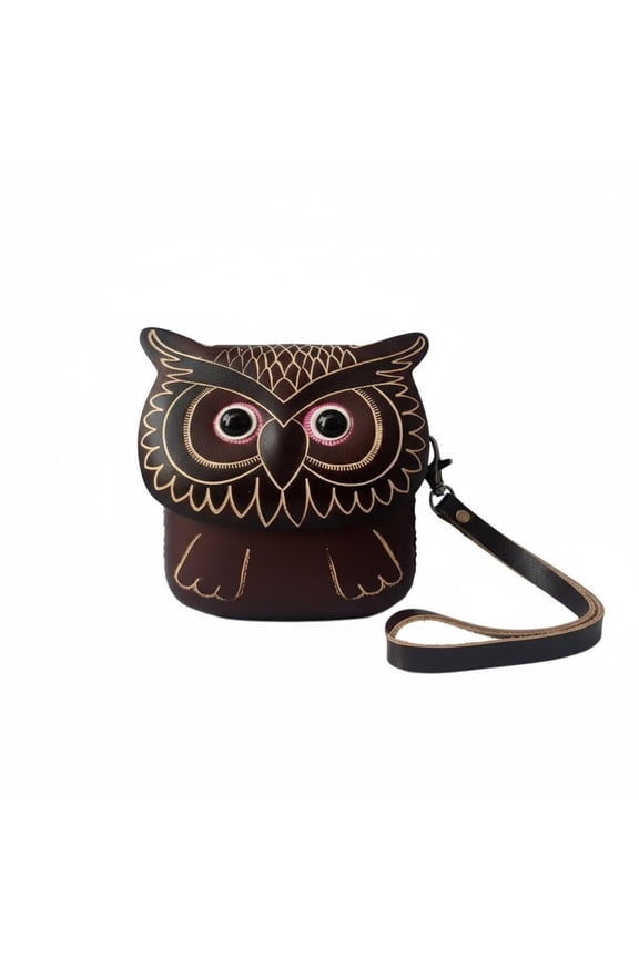 Cute Owl Leather Coin Purse for Women, Small Mini Change Purse with Wrist Lanyard, Portable Coin Pouch Wallet for Coins Keys Cards (Dark Brown Gold Trim)