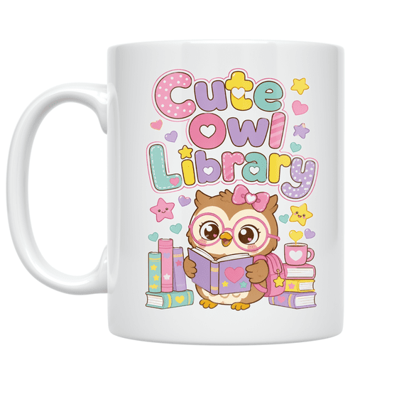 Cute Owl Library Design - Kawaii Aesthetic Lover - 11 oz Ceramic Coffee Mug