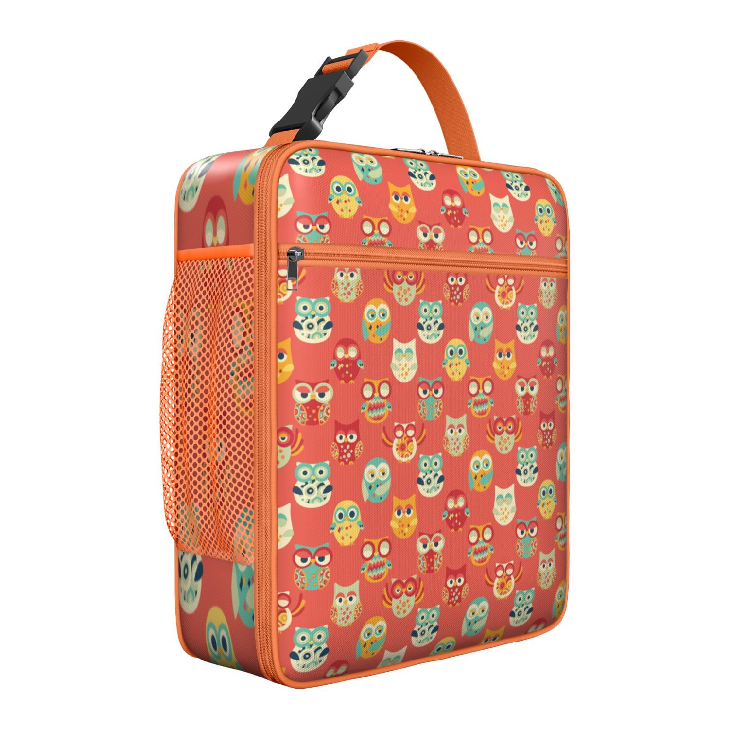Cute Owl Lunch Bag for Women Men, Hand-Drawn Cartoon Owl with Big Eyes, Colorful Polka Dot and Night Sky Print, Insulated Bento Tote for School, Work, Travel
