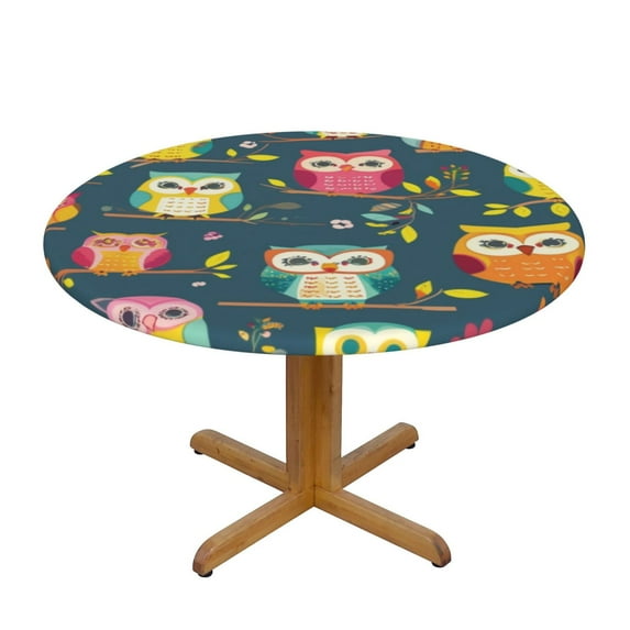 Cute Owl Pattern (1) Round Fitted Tablecloths Table Covers Wipeable Waterproof Elastic for Kitchen Dinning Parties Wedding Picnic Medium Fits 45-50 Inch Table Size