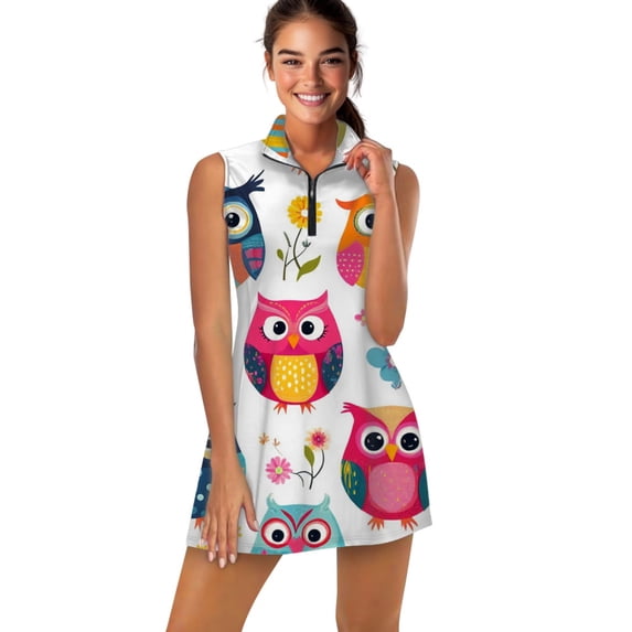 Cute Owl Pattern Sports Dresses Women Tennis Dress Outdoor Badminton Golf Quick-Drying And Breathable Sports Dress