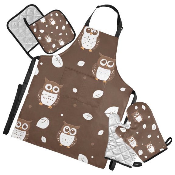 Cute Owl Print Oven Mitts and Pot Holders with Chef Apron Set 5 Pcs Kitchen Cooking Set