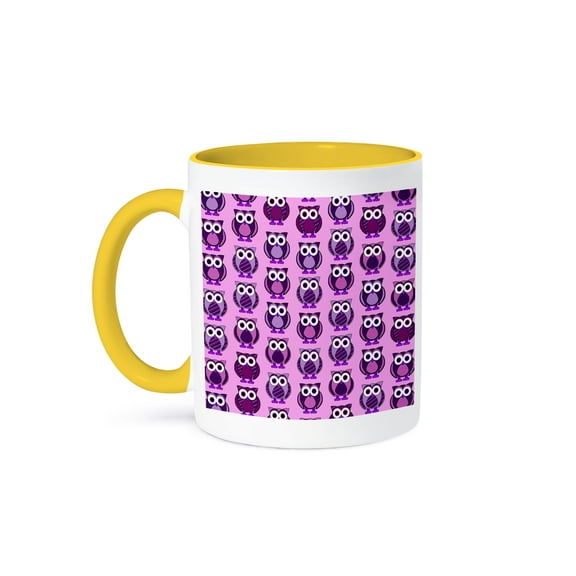 3dRose, Cute Owl Purple Stripes and Dots Print, 11oz Two-Tone Yellow Mug
