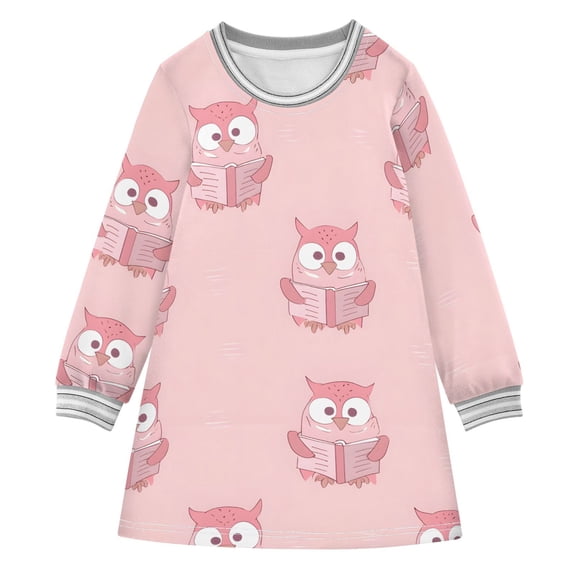 Cute Owl Reading Girls'long-sleeved dress Thickened A-dress Warm Dress Basic Shirt Party Dresses