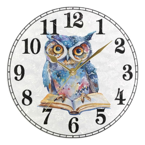 Cute Owl Reading Silent Wall Clock 10" Non-Ticking Battery Clock