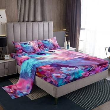 Cute Owl Sheet Set Twin For Kids Boys Girls,Kawaii Cartoon Wild Animal Bedding Set Wildlife Bird Bed Sheets Pink Blue Flower 1 Fitted Sheet 1 Flat Sheet 1 Pillow Case