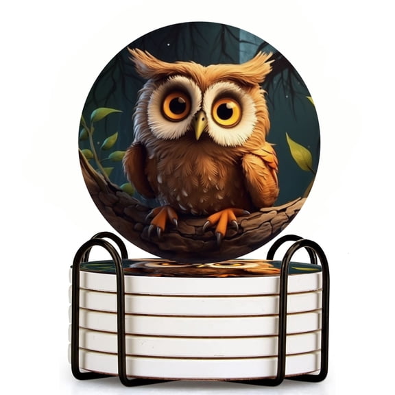Cute Owl Sitting On Tree Branch Set of 6 Ceramic Coasters with Holder, Absorbent Drink Bar Coasters, Table Coasters for Living Room Decor Tabletop Protection